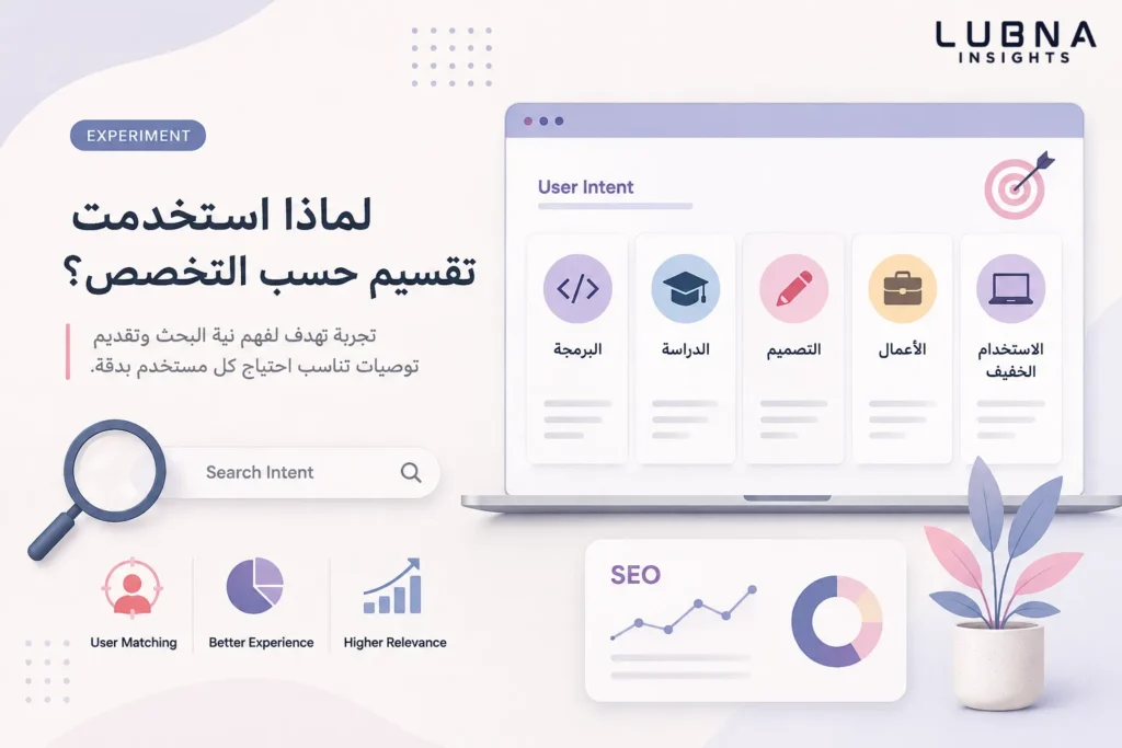 تصميم احترافي يوضح تقسيم اللابتوبات حسب التخصص لتحسين Search Intent وتجربة المستخدم داخل مقال SEO موجه للطلاب في السعودية